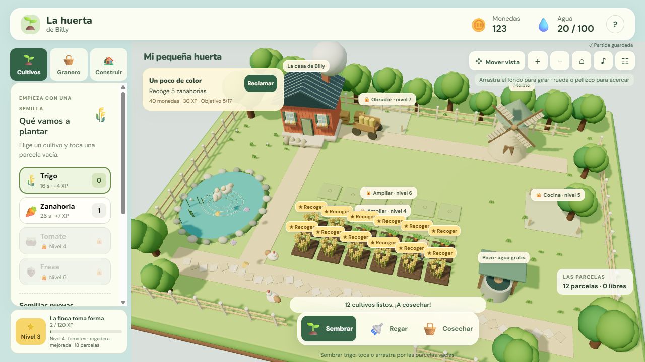 Cultivos, árboles y edificios de La huerta de Billy en 3D