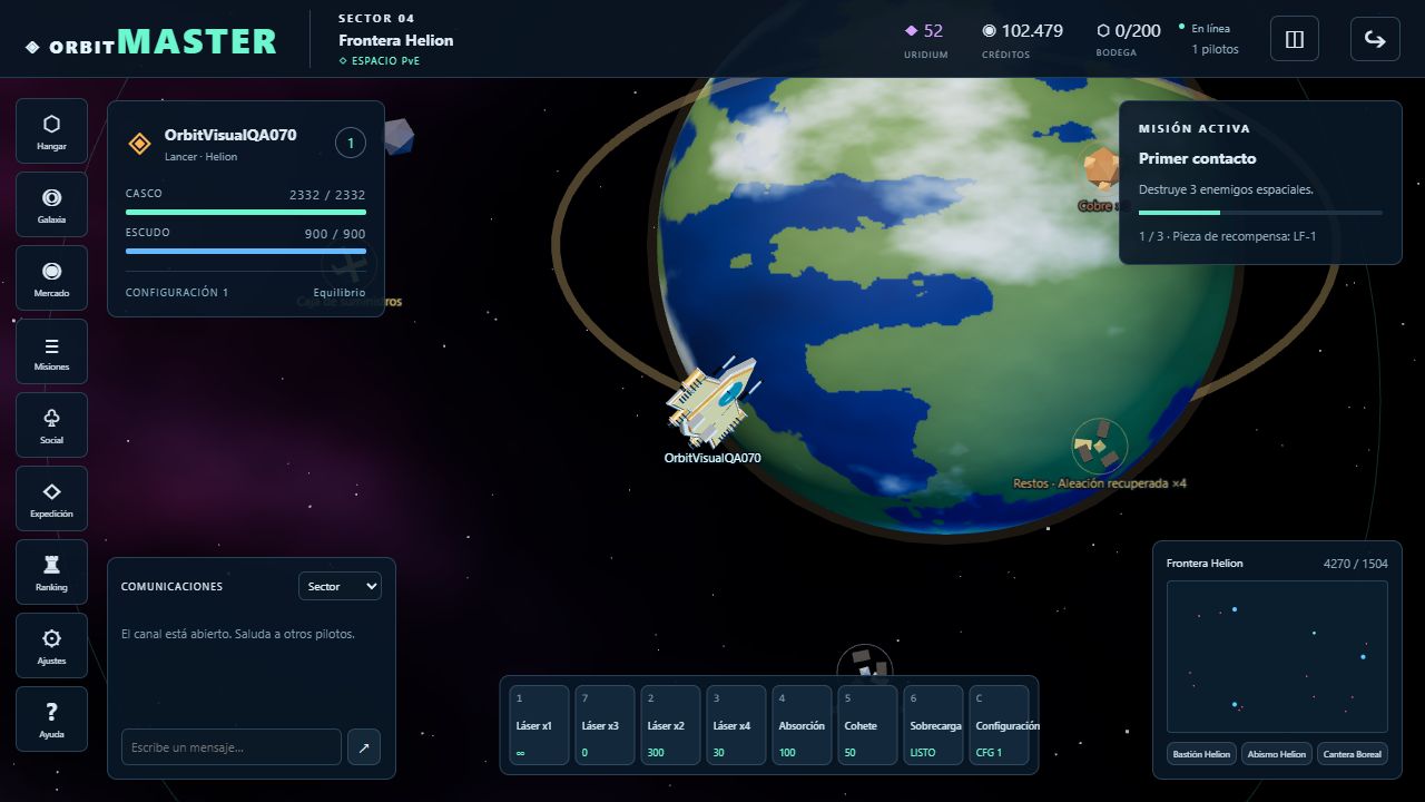Nave 3D de OrbitMaster sobre un mapa espacial